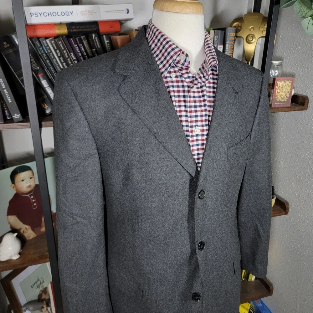 Hart Schaffner‎ Marx Men's Flannel Sport Coat Blazer Three Button Gray Wool 42R